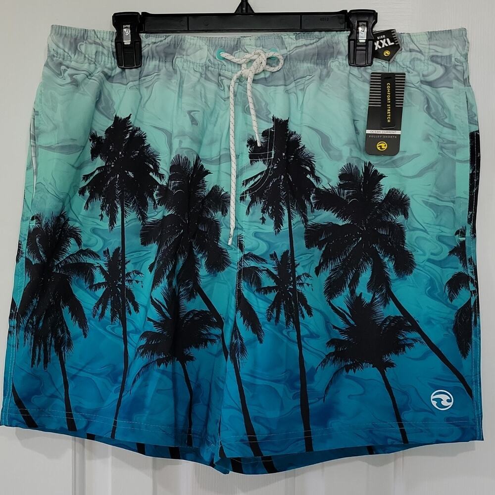 Ocean Current XXL Palm Tree Swim Trunks Blue Tropical Beach Hawaiian NWT